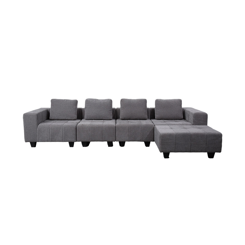 Veľká modulárna pohovka v tvare L zo svetlošedej látky so štvorcovými vankúšmi, moderný minimalistický štýl