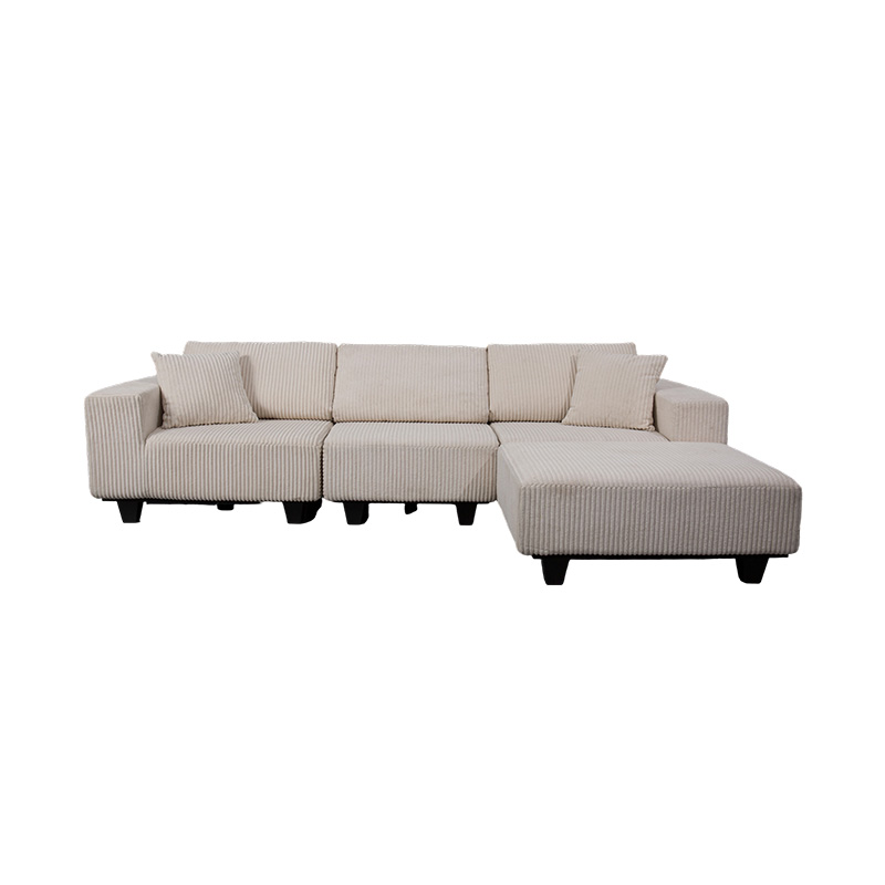 Veľká rohová pohovka v tvare L v šedobielom manšestre s moderným minimalistickým dizajnom Veľká rohová pohovka v tvare L v šedobielom manšestre s moderným minimalistickým dizajnom